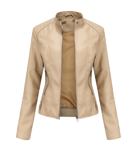 Women's Leather Jacket - Tailored Fit - Stand Collar - Zipper Closure - Modern Design