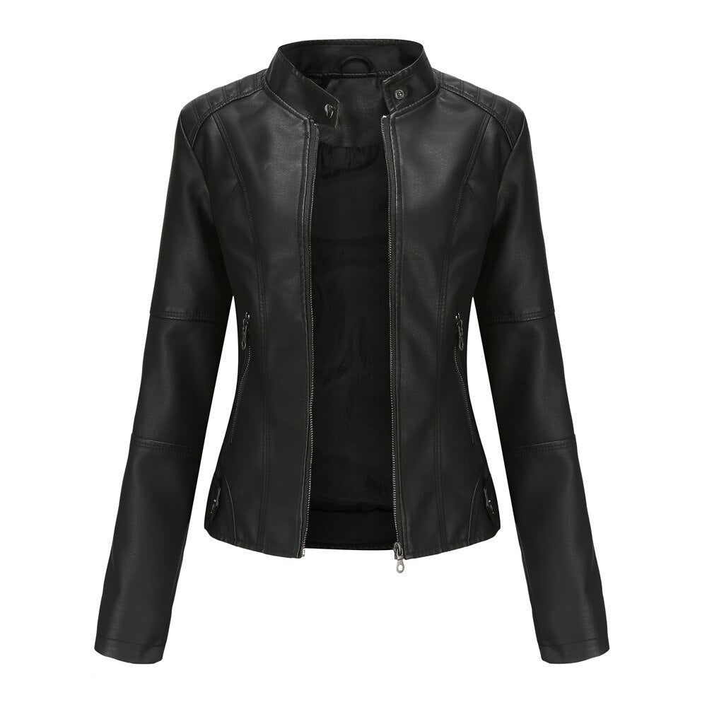 Women's Leather Jacket - Tailored Fit - Stand Collar - Zipper Closure - Modern Design