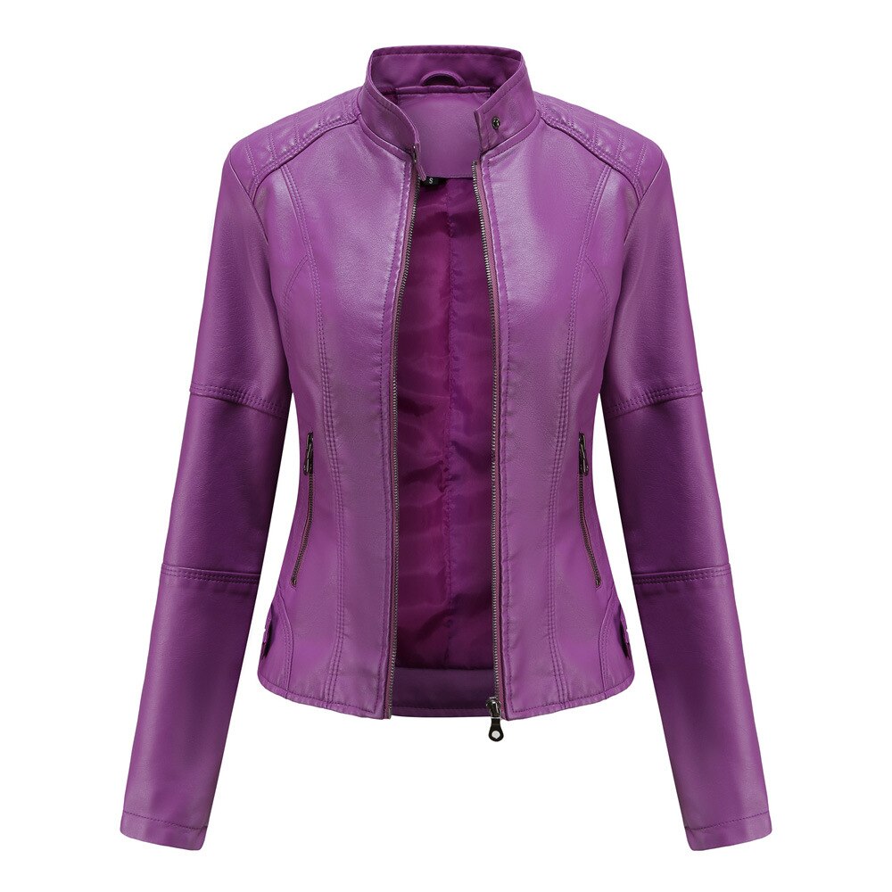 Women's Leather Jacket - Tailored Fit - Stand Collar - Zipper Closure - Modern Design