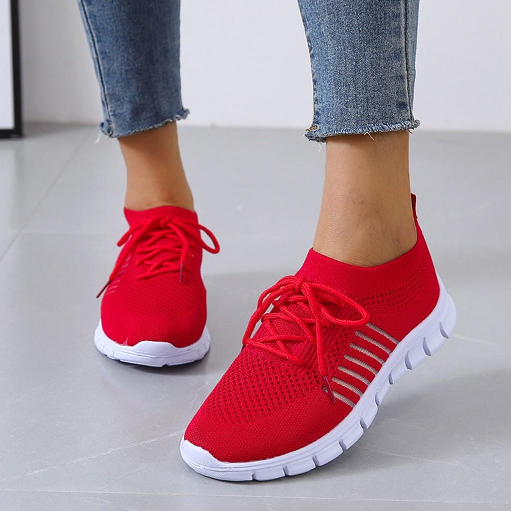 Women's Sneakers - Breathable Knit Fabric - Slip-on With Laces - Shock-Absorbing Sole