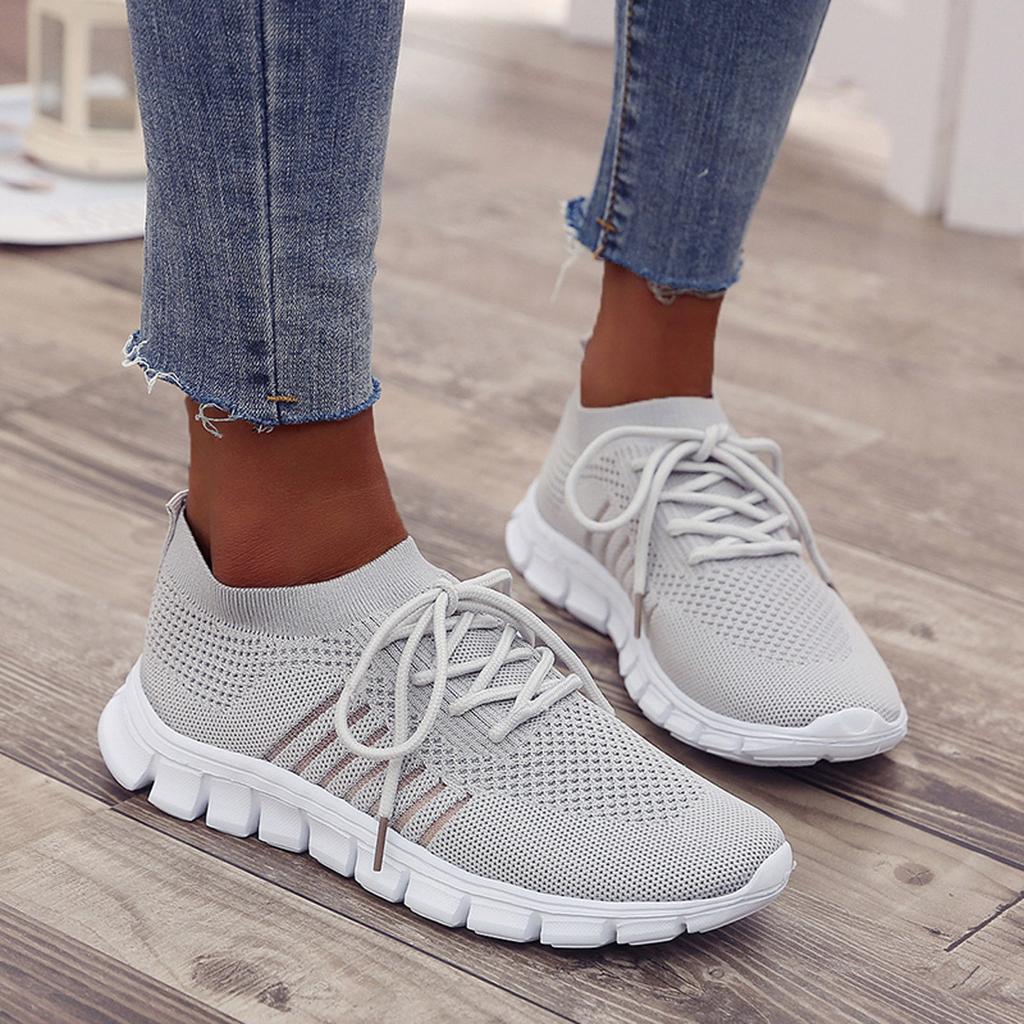 Women's Sneakers - Breathable Knit Fabric - Slip-on With Laces - Shock-Absorbing Sole