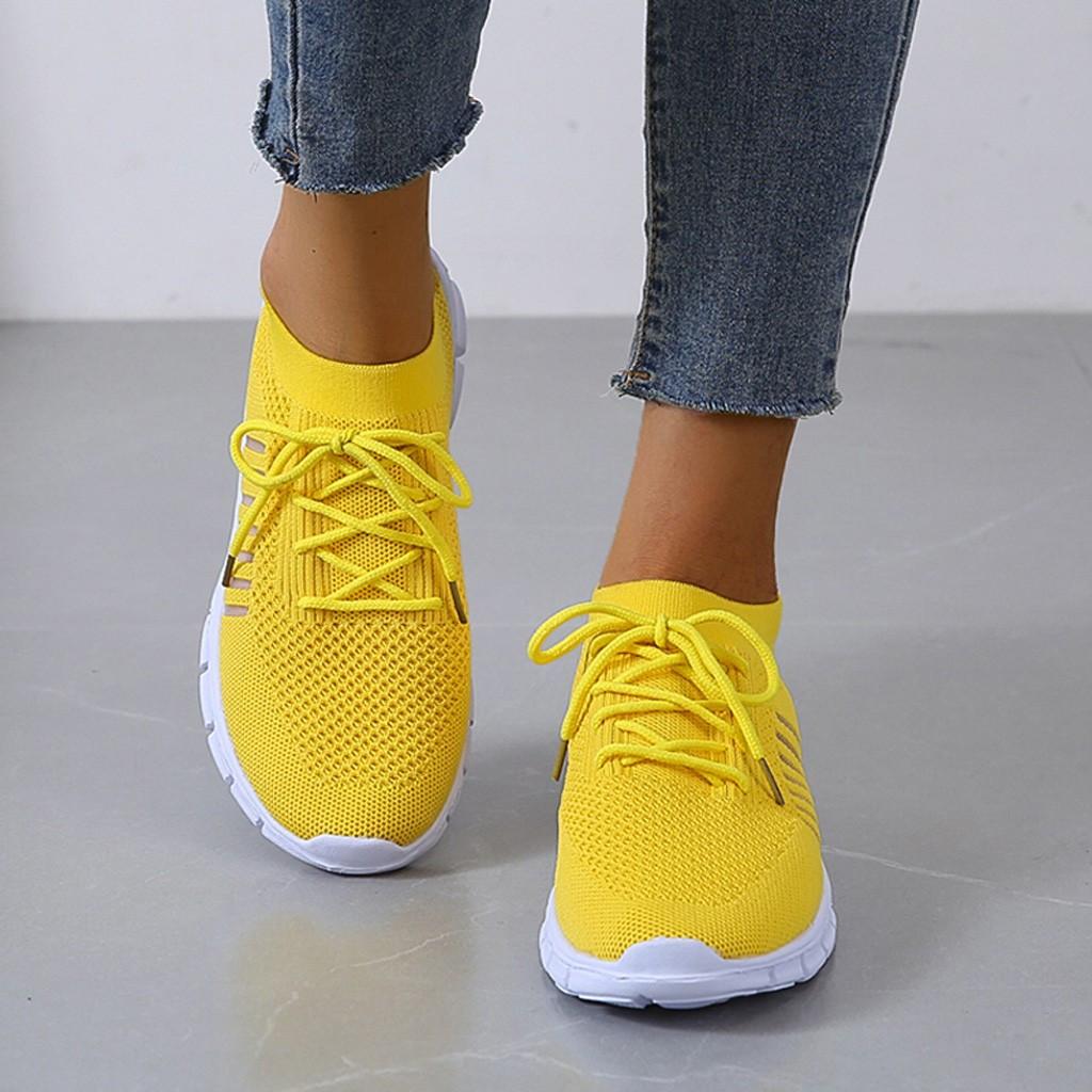 Women's Sneakers - Breathable Knit Fabric - Slip-on With Laces - Shock-Absorbing Sole