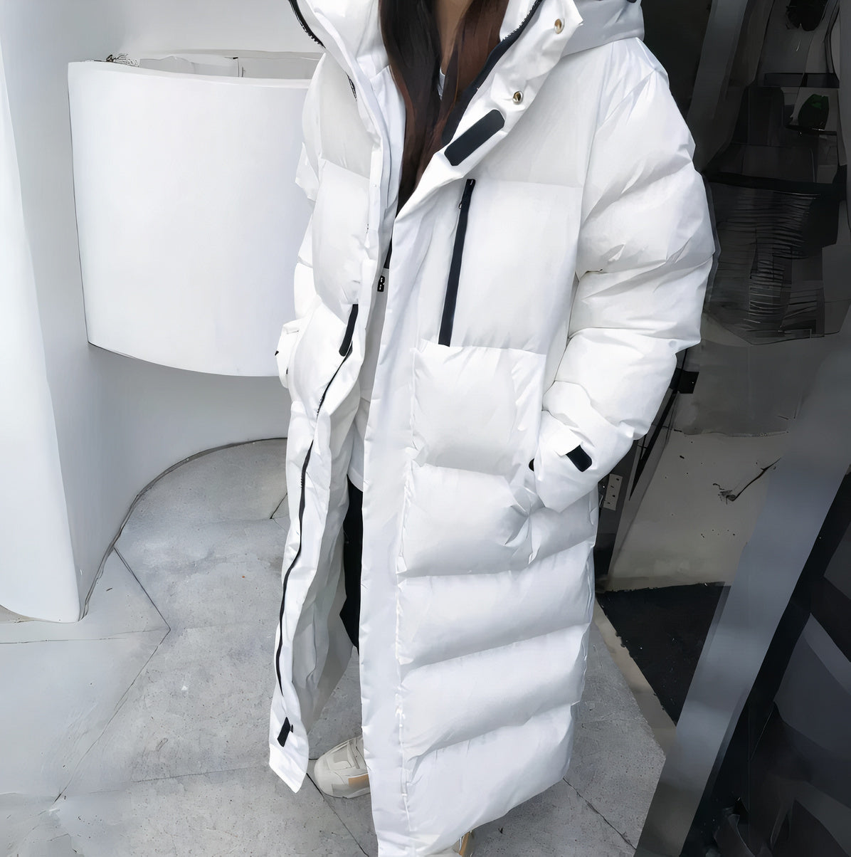 Women's Long Down Jacket - Quilted Design - Oversized Fit - Hood & Pockets