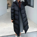 Women's Long Down Jacket - Quilted Design - Oversized Fit - Hood & Pockets