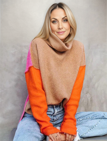 Wool Blend Color Block Cowl Neck Sweatshirt