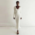 Women's Knitted Maxi Dress - V-neck - Long-sleeved - Fitted Ribbed Design