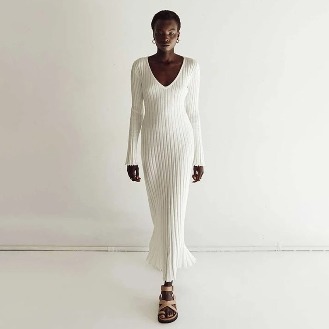 Women's Knitted Maxi Dress - V-neck - Long-sleeved - Fitted Ribbed Design
