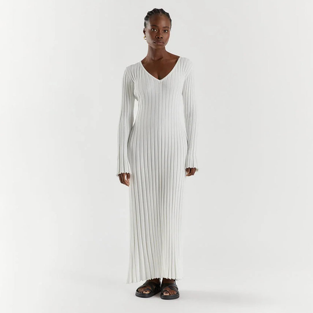 Women's Knitted Maxi Dress - V-neck - Long-sleeved - Fitted Ribbed Design