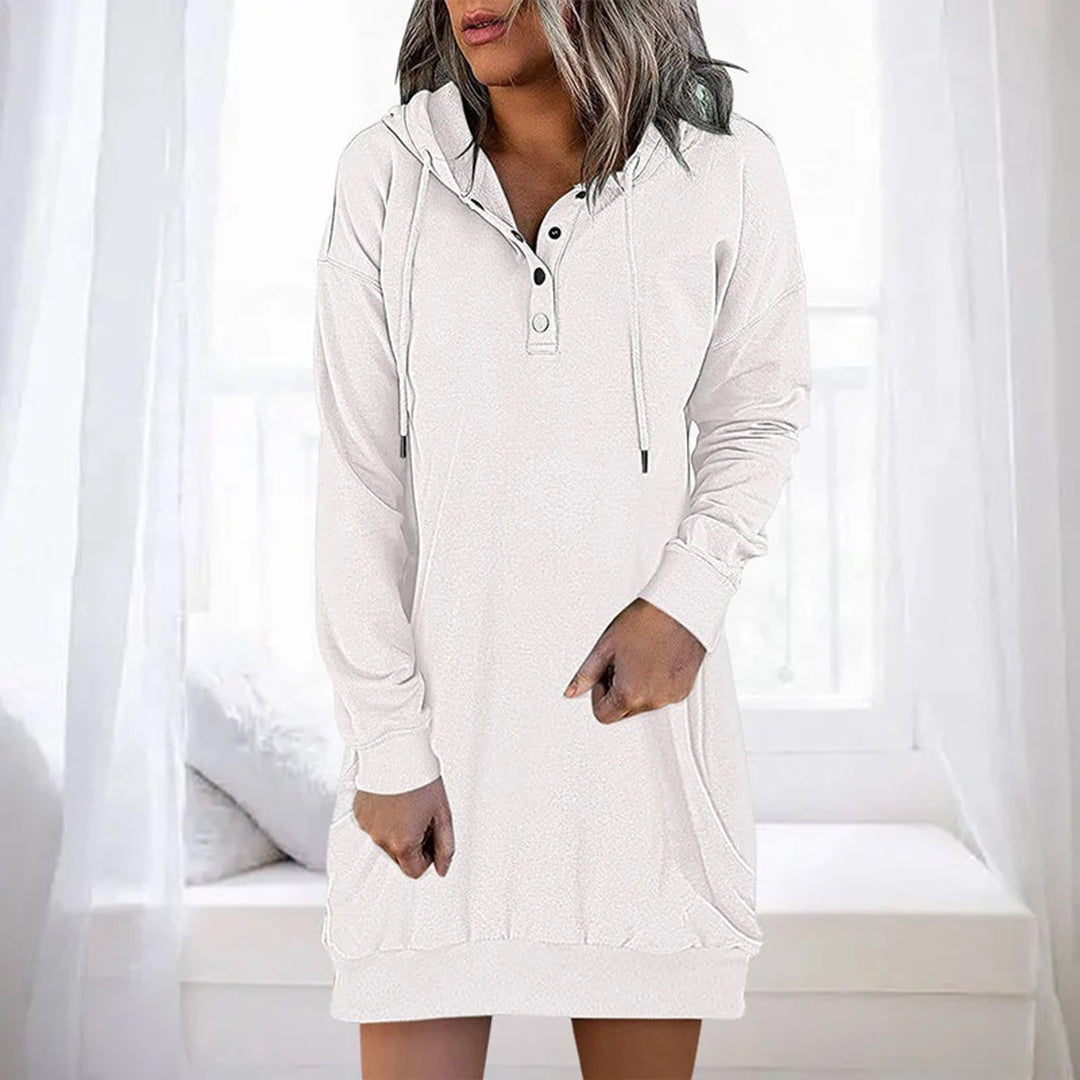 Women's Hoodie Dress - Buttoned Collar - Long Sleeve - Casual Comfort Fit