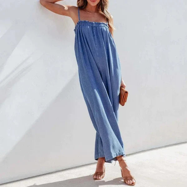 Women's Maxi Dress - Sleeveless Loose Fit - Light Denim - Elastic Neckline