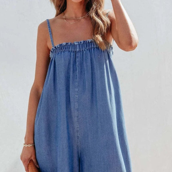 Women's Maxi Dress - Sleeveless Loose Fit - Light Denim - Elastic Neckline