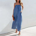 Women's Maxi Dress - Sleeveless Loose Fit - Light Denim - Elastic Neckline