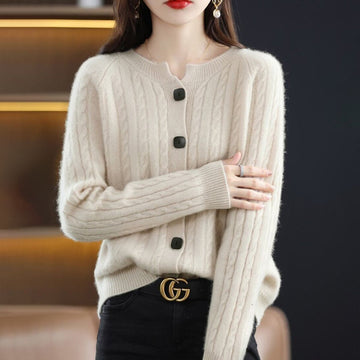 Wool Cable Knit Relaxed Fit Cardigan Sweater