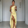 Ladies' Evening Dress - Elegance with One Shoulder - Floor-length Draping - High Slit Glamour