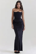 Women's Evening Dress - Strapless Satin - Fitted with Draping - Floor Length