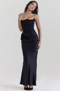 Women's Evening Dress - Strapless Satin - Fitted with Draping - Floor Length