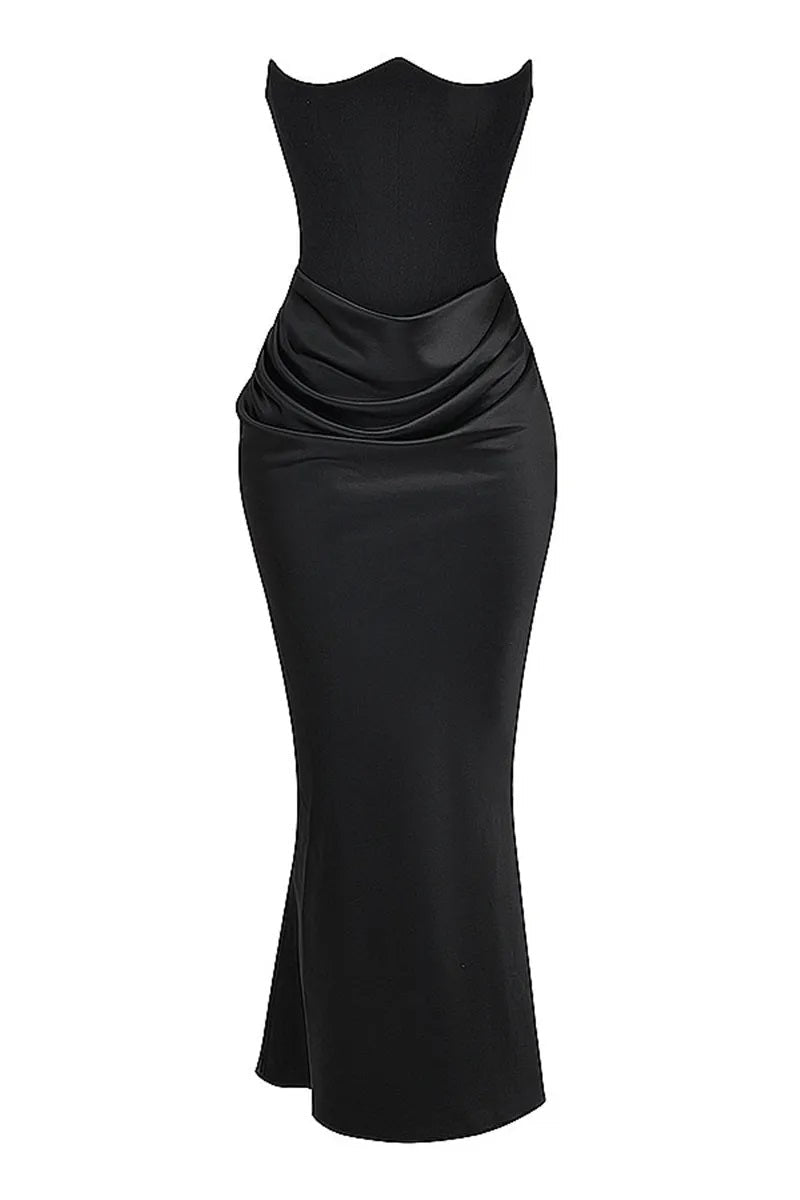Women's Evening Dress - Strapless Satin - Fitted with Draping - Floor Length