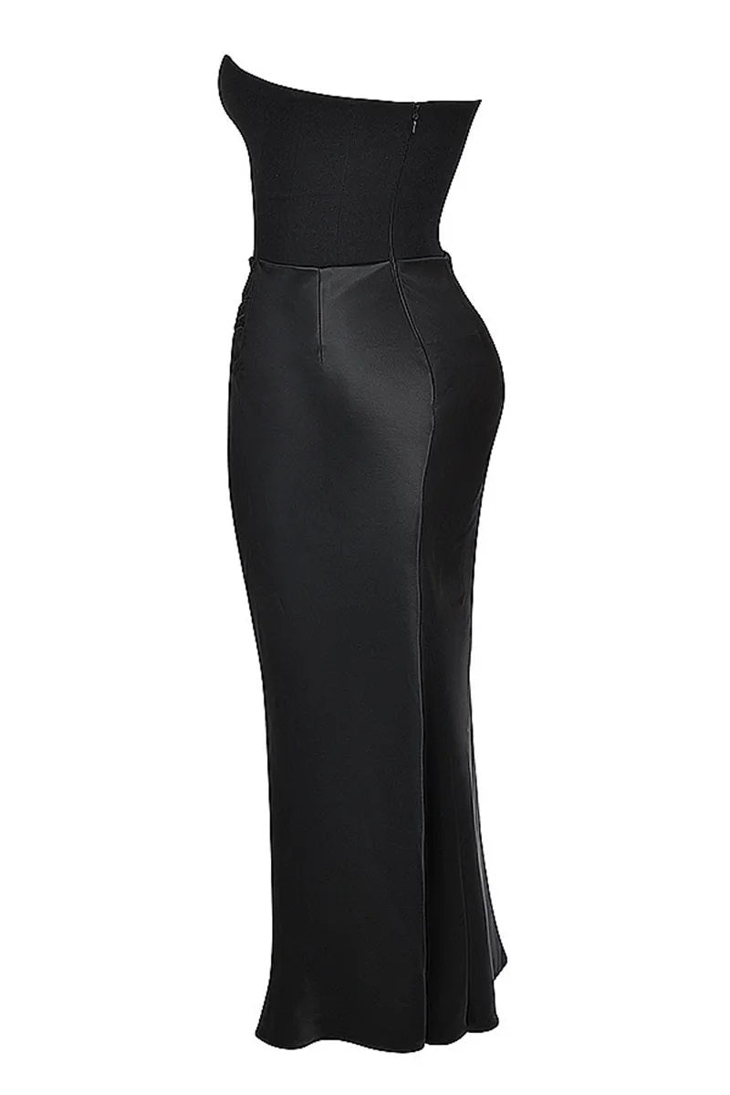 Women's Evening Dress - Strapless Satin - Fitted with Draping - Floor Length