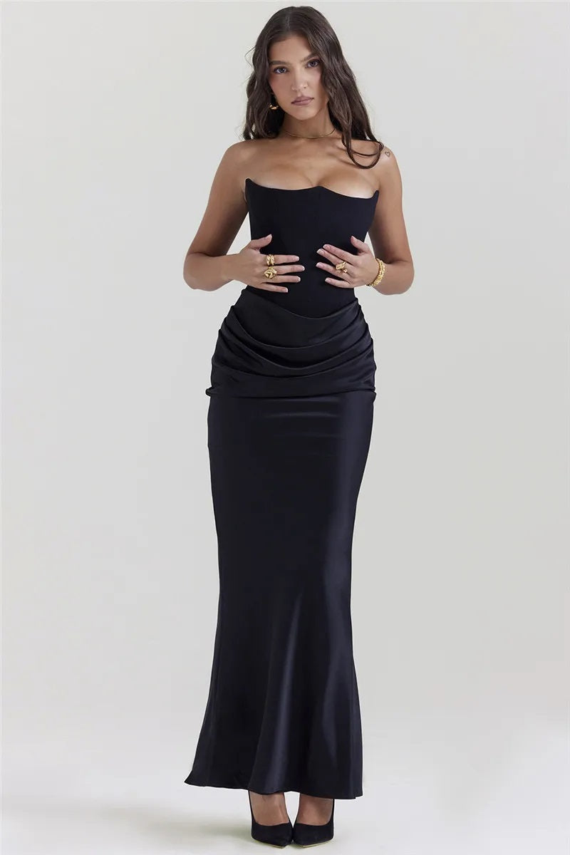 Women's Evening Dress - Strapless Satin - Fitted with Draping - Floor Length