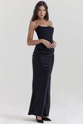 Women's Evening Dress - Strapless Satin - Fitted with Draping - Floor Length