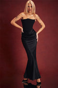 Women's Evening Dress - Strapless Satin - Fitted with Draping - Floor Length
