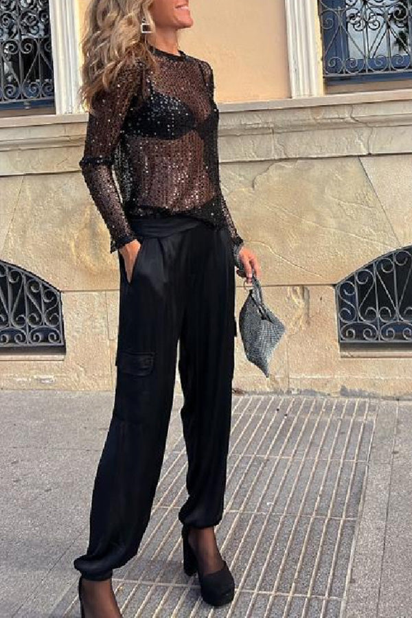 Women's Blouse - Long Sleeves - Shiny Sequins - Elegant Party Top