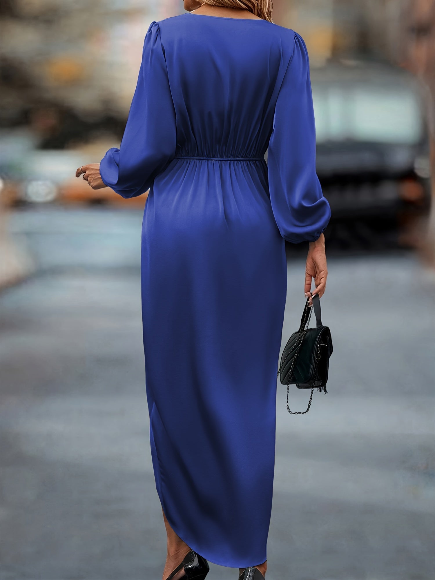 Women's Midi Wrap Dress - V-Neck - Long Sleeves - Asymmetric Slit - Elegant Formal Look
