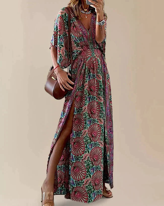 Floral Pattern High Slit Loose Fit Maxi Dress