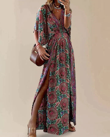 Floral Pattern High Slit Loose Fit Maxi Dress