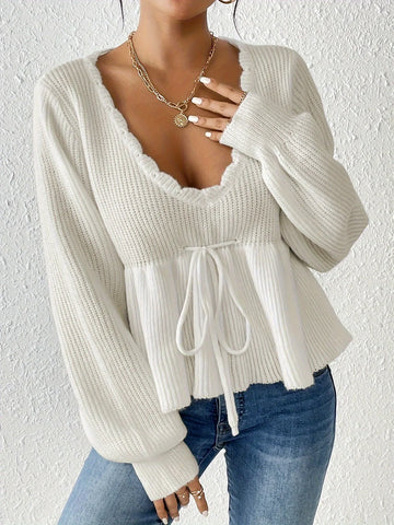 Relaxed Fit Ruffled Hem Pullover Sweater