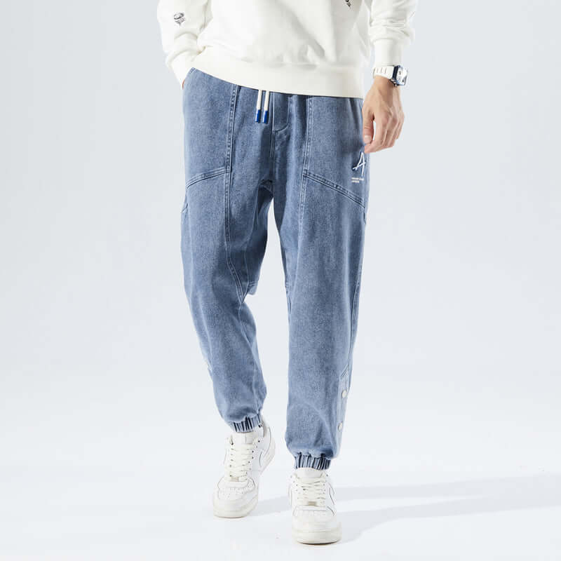 Drawstring Waist Denim Texture Jogger Pants
