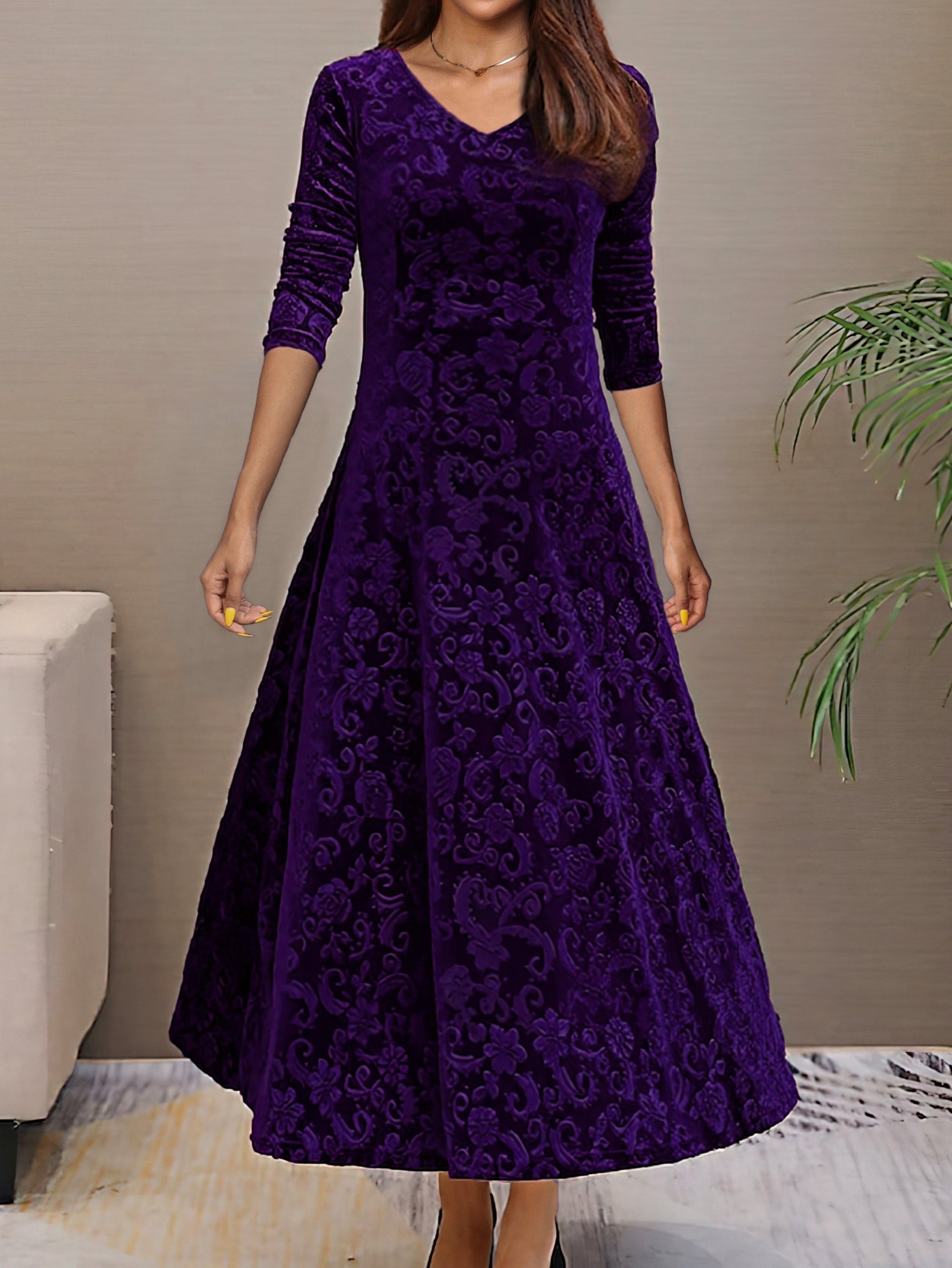 Women's Evening Dress - Velvet - V-neck - A-line - 3/4 Sleeves - Floral Pattern