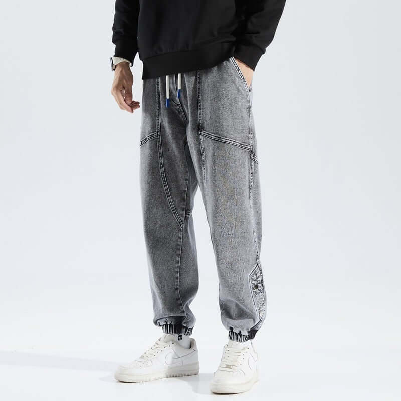 Drawstring Waist Denim Texture Jogger Pants