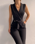 Elegant sleeveless jumpsuit for women - V-neck with wrap-around neckline - Tie belt at the waist