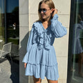 Women's Dress - V-neck with Ruffle Details - Long Sleeves