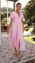 Women's Maxi Dress - V-neck - Buttons - Puff Sleeves - Elegant Long Dress