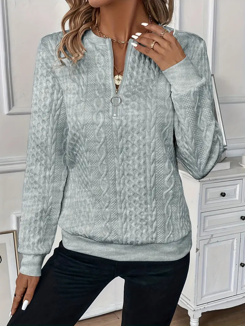 Women's Knit Sweater - Cable Knit - Zipper Collar - Long-Sleeved Comfortable Fit