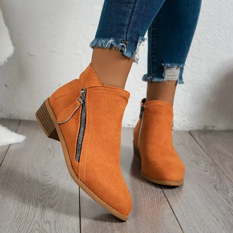Women's Ankle Boots - Suede Look - Low Heel - Round Toe - Zipper Closure