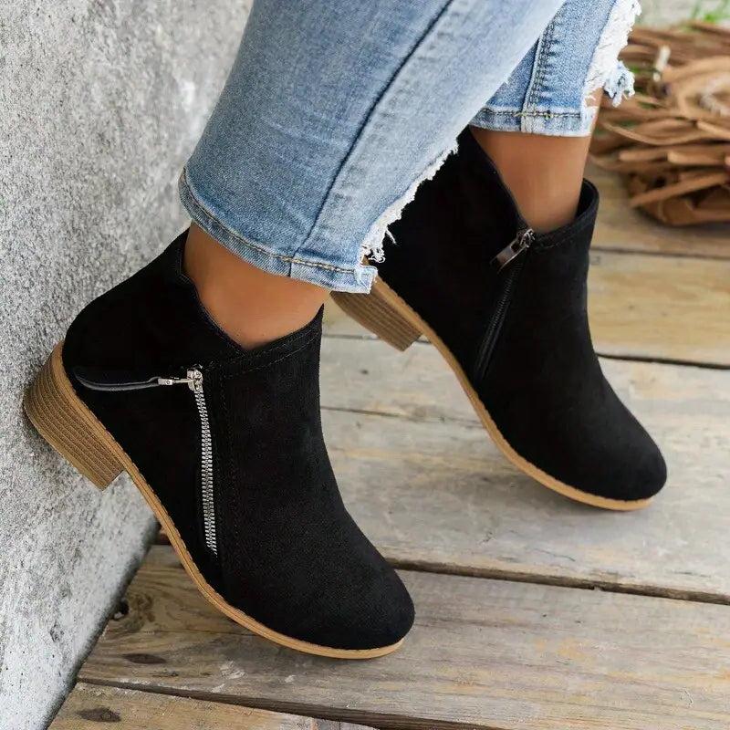 Women's Ankle Boots - Suede Look - Low Heel - Round Toe - Zipper Closure