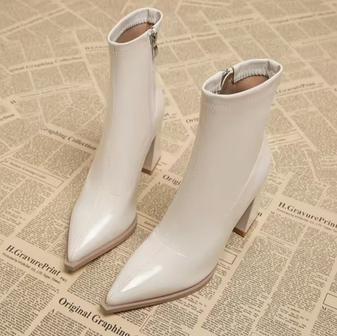 Genuine Leather Pointed Block Heel Ankle Boots