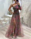 Women's Evening Dress - One-Shoulder Long Sleeve - High Slit Flowing Design - Elegant Party Dress