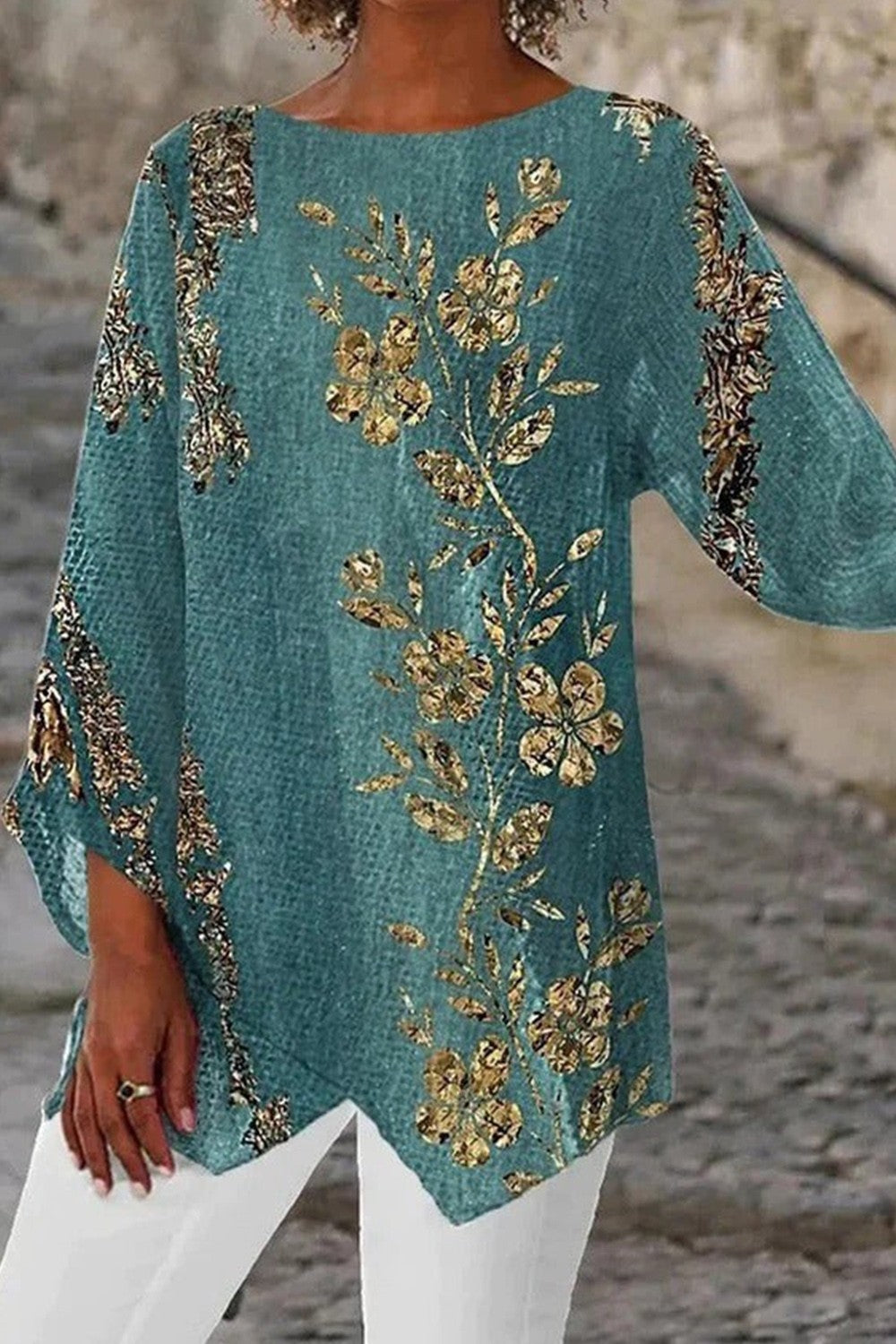 Floral Metallic Print Asymmetrical Hem Blouse