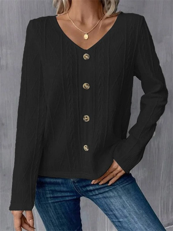 Soft Knit V-Neck Button Front Long Sleeve Shirt