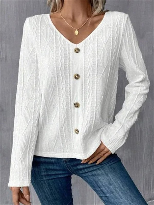 Soft Knit V-Neck Button Front Long Sleeve Shirt