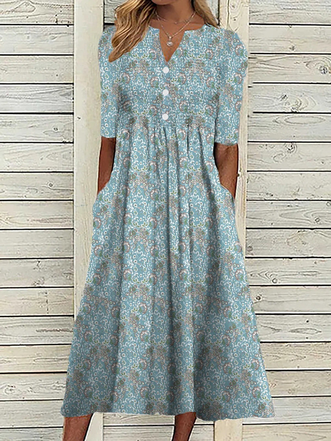 V-Neck Floral Print A-Line Midi Dress