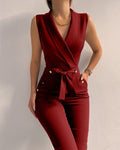 Elegant sleeveless jumpsuit for women - V-neck with wrap-around neckline - Tie belt at the waist