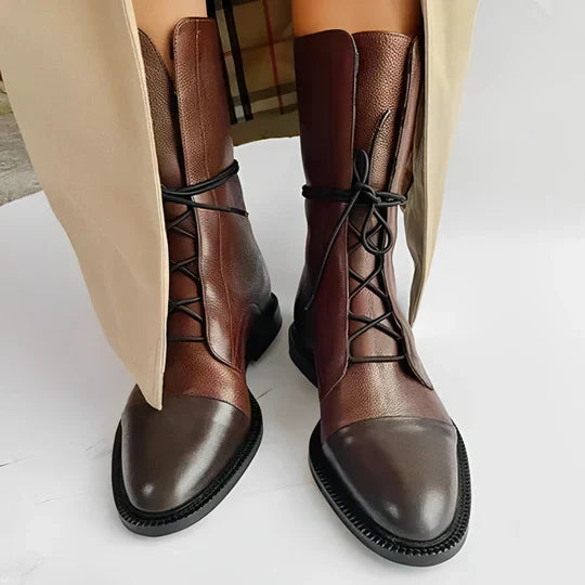 Leather Lace-Up Cap Toe Ankle Boots