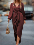 Women's Midi Wrap Dress - V-Neck - Long Sleeves - Asymmetric Slit - Elegant Formal Look