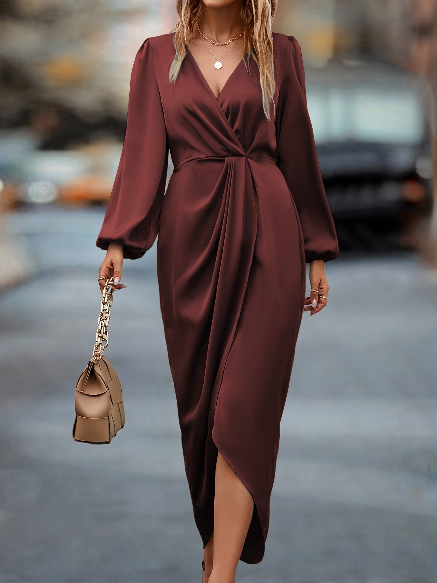 Women's Midi Wrap Dress - V-Neck - Long Sleeves - Asymmetric Slit - Elegant Formal Look