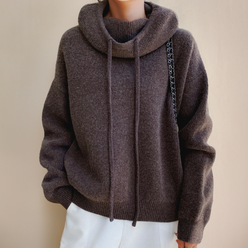 Women's Knit Sweater - Oversized Fit - High Collar with Drawstring - Soft Long Sleeves